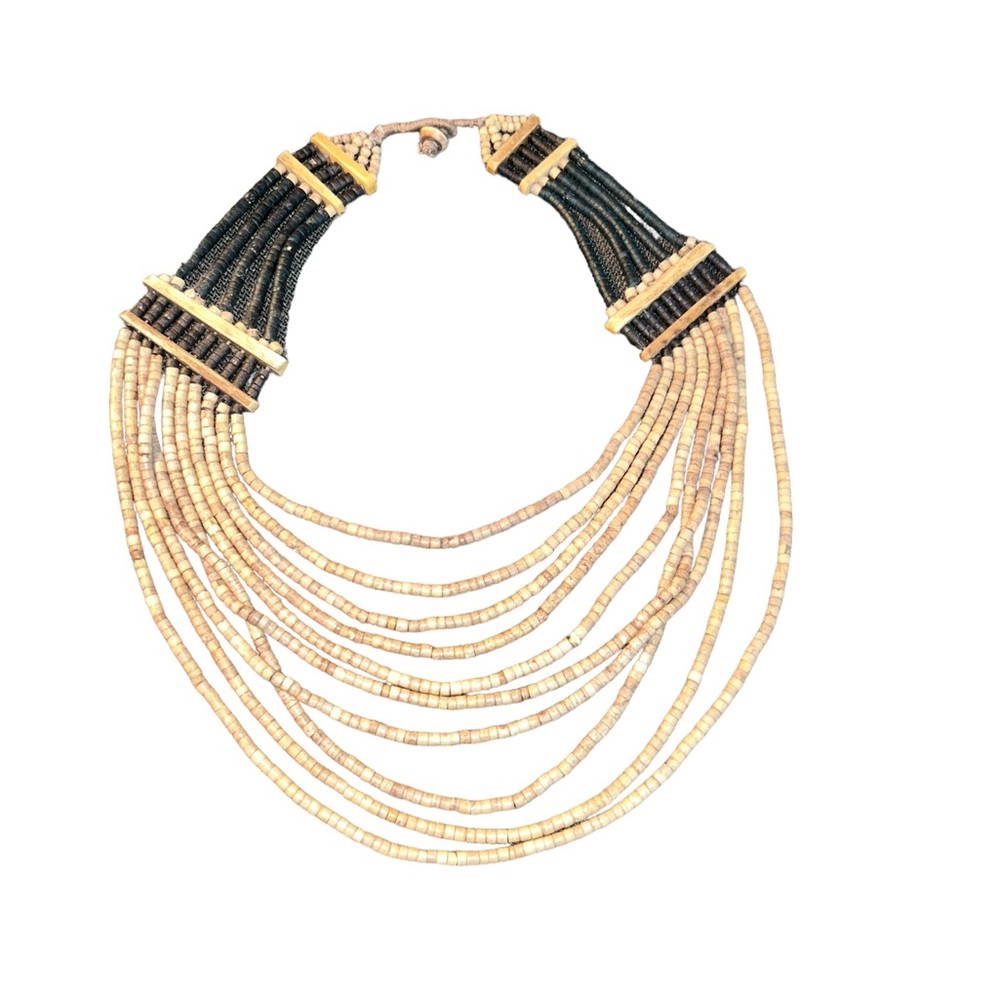 Vintage 1990’s Boho Wooden Bead Multistrand Choker Blue/Cream